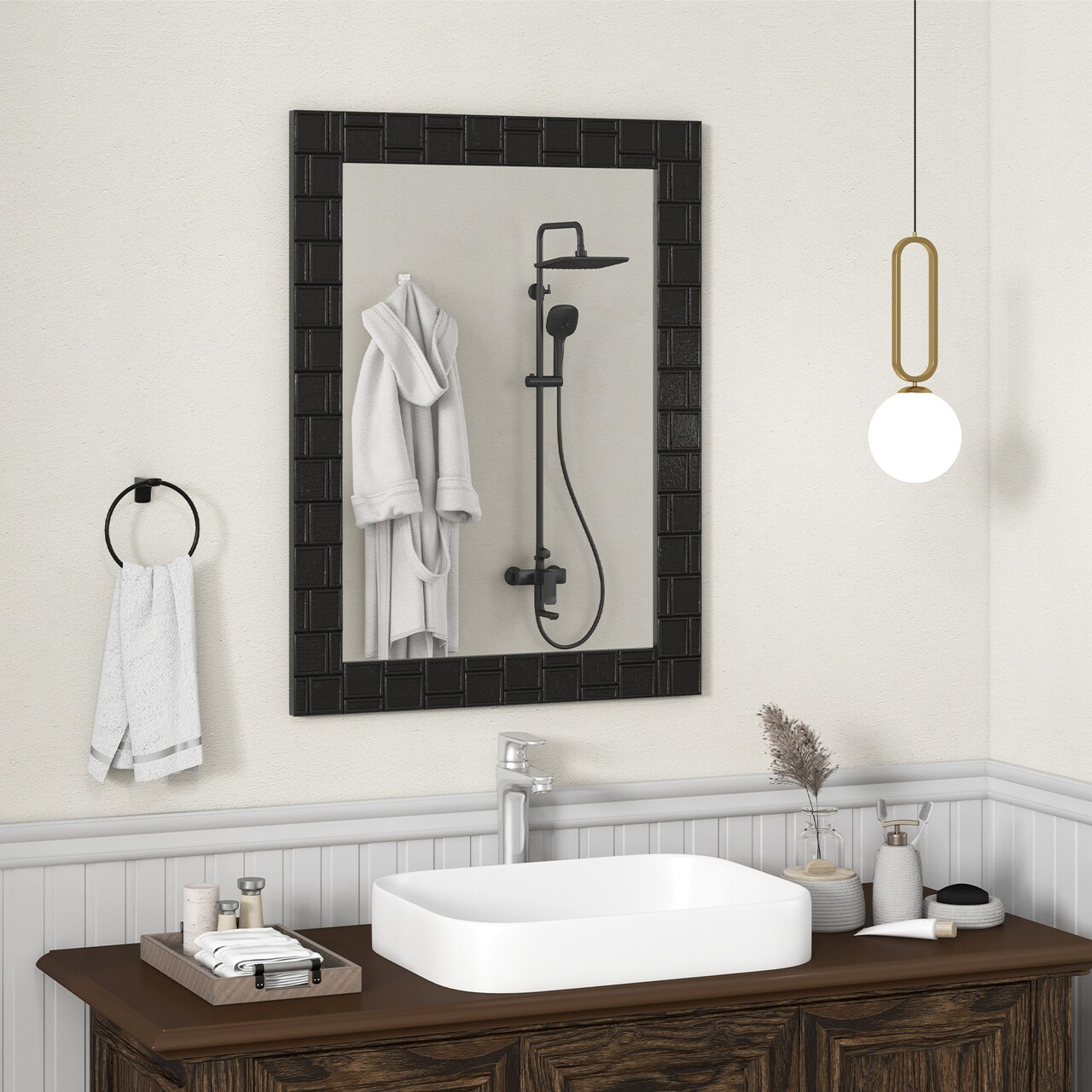Wood Framed Wall Mirror Rectangle Vanity Mirror for Living Room Entryway-Black - 32" x 24" (L x W)